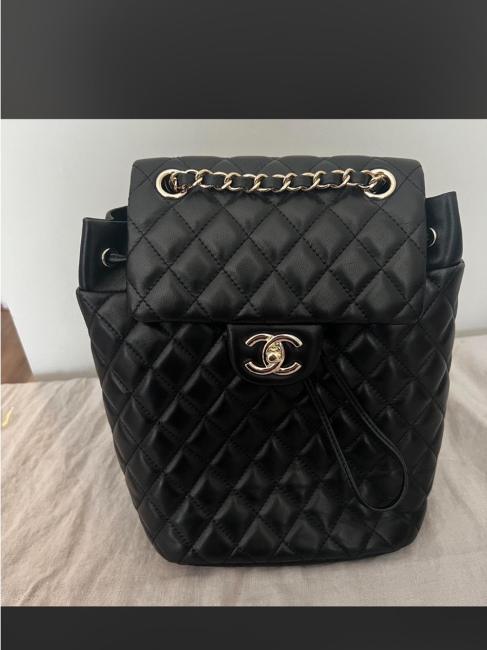 Quilted Drawstring Backpack in Black with Gold Hardware